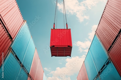 Red shipping container being lifted by crane between containers