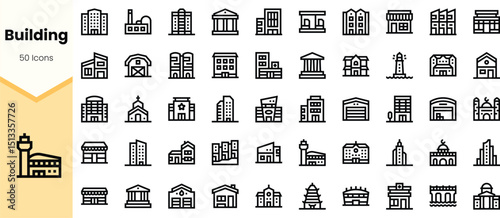 A collection of building icons, featuring various architectural styles, including modern, historical, and functional designs, all in sleek line art.
