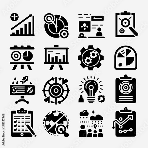 Collection of technology icons and business management icons for data-driven growth, strategic planning, and innovative solutions. Business concept
