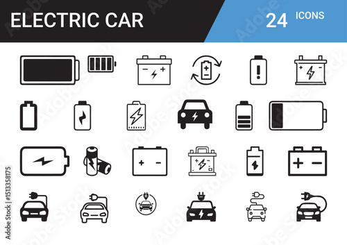 Electric Car Icon Set: A comprehensive icon set for electric car themes. Features include car battery, charging, and vehicle silhouettes for design elements and informational graphics.