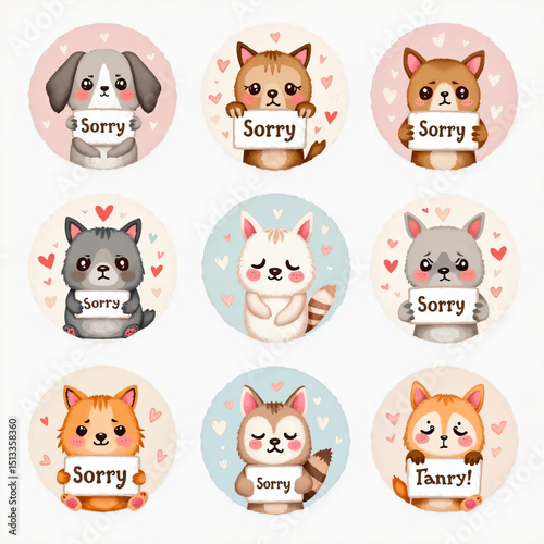 Cute round stickers with sad cartoon animals holding Sorry signs on planner.
