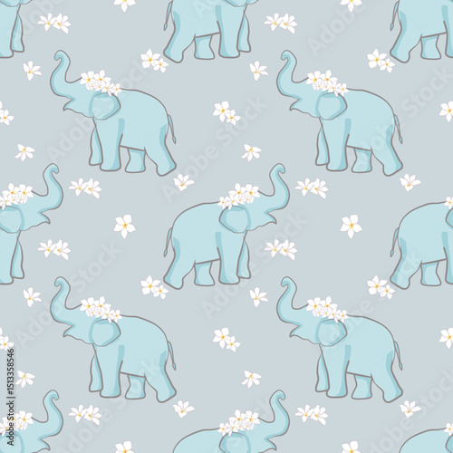Cute seamless blue elephant pattern adorned with white tropical flowers. A charming design for children’s products, gift wraps, or storybook illustrations.