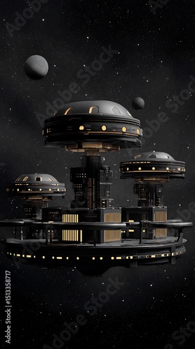 Wallpaper Mural Futuristic Space Station Orbiting Planets in a Starry Night Sky. A detailed illustration of a technologically advanced space habitat. Torontodigital.ca