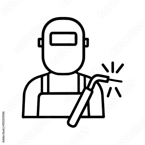 Outline icon of welder in protective helmet and apron holding welding tool, metalwork symbol