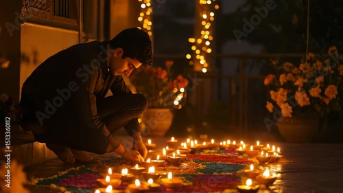 A man is sitting on the floor and lighting candles. The candles are arranged in a long line, and the man is placing a candle in each one. The scene is peaceful and calming