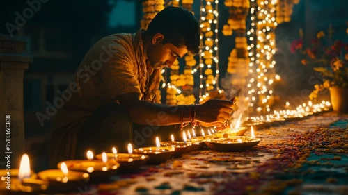 A man is sitting on the floor and lighting candles. The candles are arranged in a long line, and the man is placing a candle in each one. The scene is peaceful and calming
