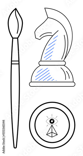 Paintbrush for artistic creativity, chess knight for strategic thinking, abstract eye symbol for vision. Ideal for art, strategy, insight, innovation, leadership planning creative thinking. Flat