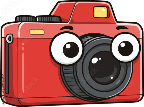 expressive cartoon camera with big round eyes popping, comic exaggeration, flat color.