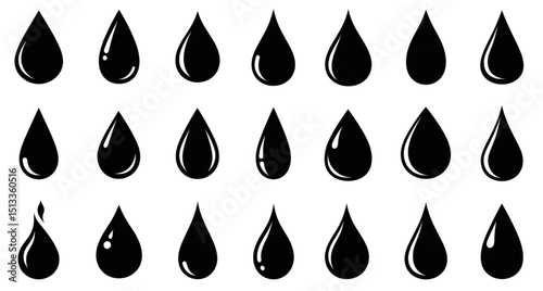 A collection of simple black silhouette water droplet shapes in various sizes and styles.