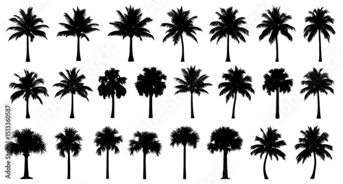 A collection of simple black silhouette palm trees in various shapes and sizes.