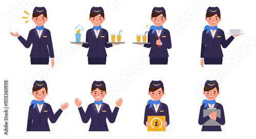 Cartoon Air Hostess in Various Poses and Actions