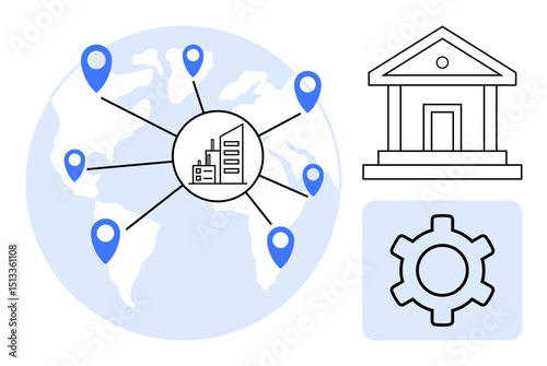 World map with location markers connecting to a central business hub, alongside a building symbol and settings gear. Ideal for globalization, business operations, networking, strategy, management