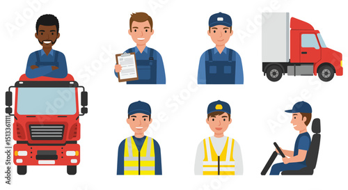 Cartoon illustration of truck drivers and a red semitruck