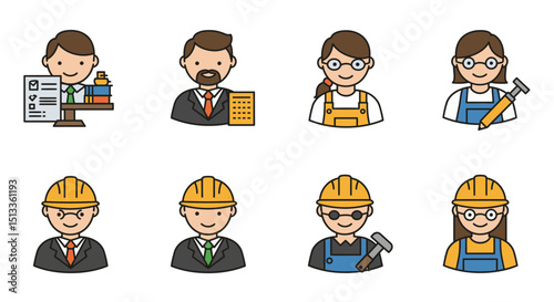 Cartoon Illustrations of Various Professions Office Worker Manager and Construction Workers