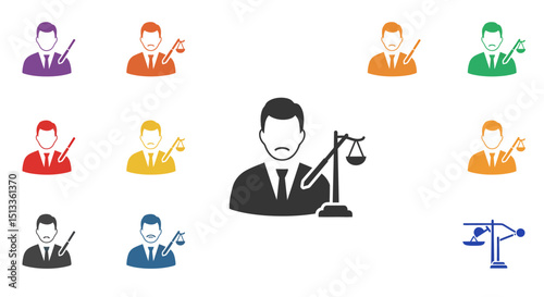 Colorful icons of lawyers judges and scales of justice