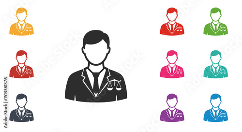 Colorful Lawyer Icons with Scales of Justice Emblems