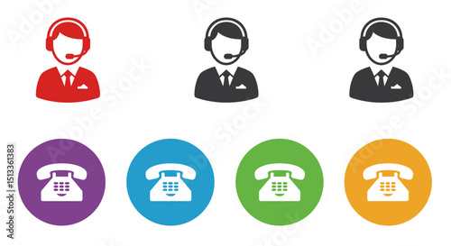 Customer service representatives and telephones in various colors icons