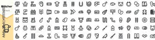 A collection of minimalist icons related to butchery, featuring various meat cuts, tools, and products in a clean line design.