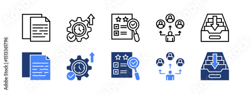 Notes and task icon set with Document, Efficiency, Evaluation, Delegate, Archive.