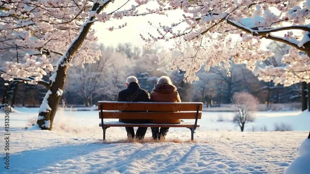 A man and woman sitting on a bench in the snow