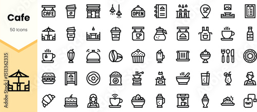 A collection of diverse caf� icons featuring drinks, food items, and caf� equipment in a simple line art style, ideal for menu design or branding.