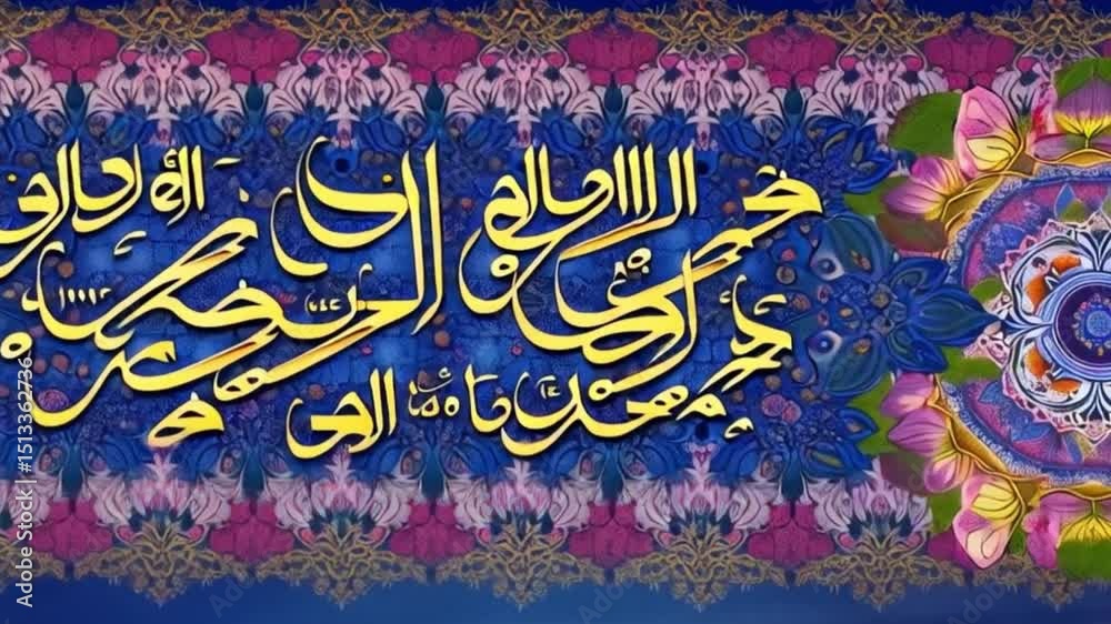 Memutar animasi 4K untuk Idul Adha yang menampilkan kaligrafi Arab yang elegan, lentera emas tergantung, dan mandala bunga rumit pada latar belakang biru yang kaya. Ideal untuk sambutan, generative AI