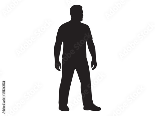 Black silhouette icon of standing adult man in full strength isolated on white background. Concept of young adult man, physical health, mature masculinity, illustration, male figure, design element