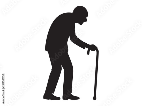 Black silhouette icon of very old man hunched over with cane isolated on white background. Concept of extreme old age, limited mobility, elderly care, fragile senior life, illustration, design element