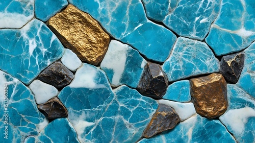 Elegant Stone and Tile Mosaic with Gold and Blue Accents