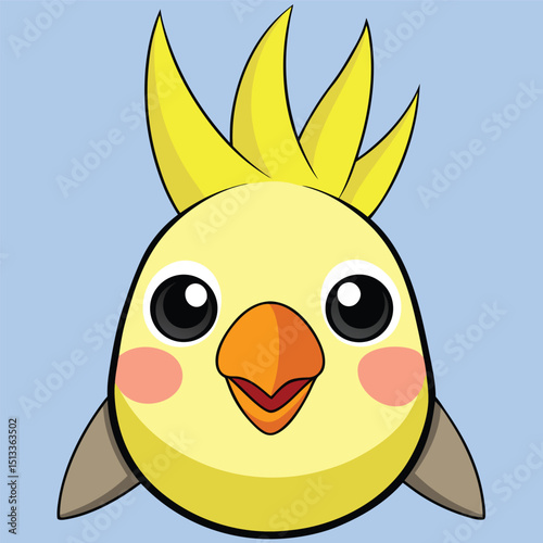 Cute cartoon blue bird with a yellow beak and a happy, funny face, a little chick design