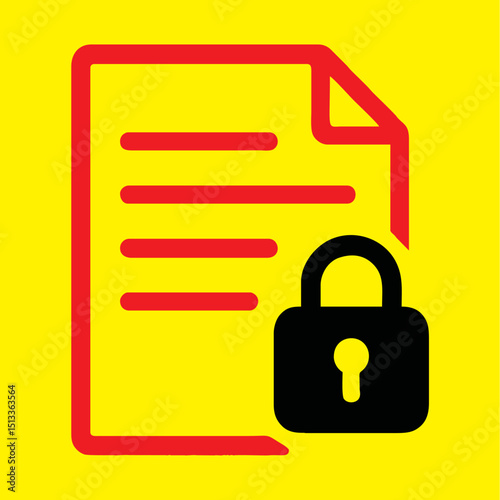 A red document outline with lines is paired with a black padlock on a bright yellow background
