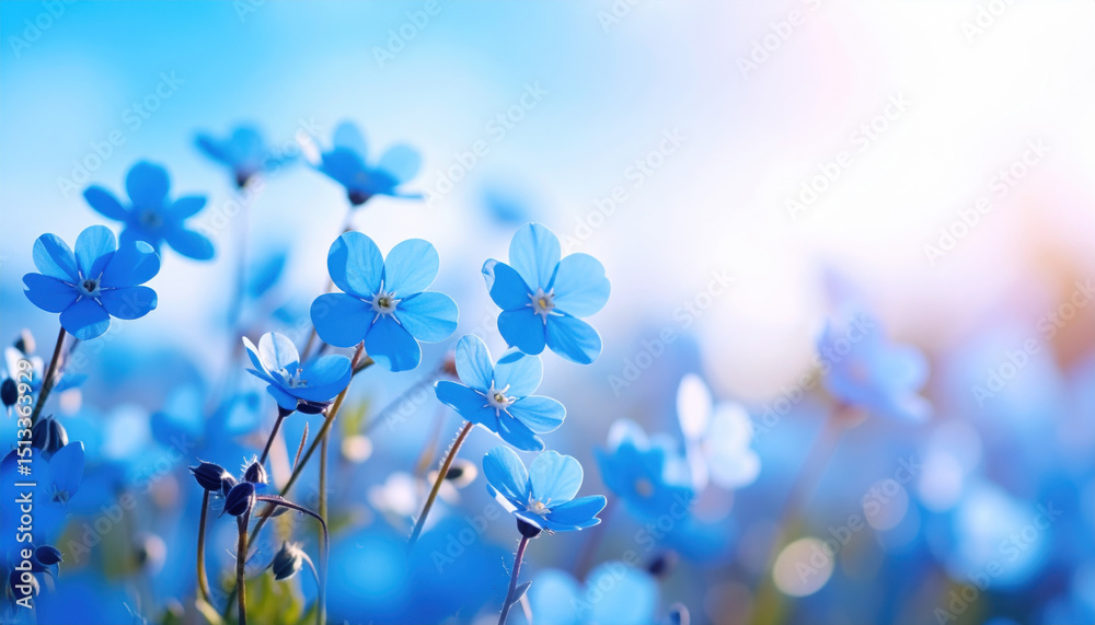 Fototapeta premium Vibrant Blue Flowers Under a Bright Sky in Soft Morning Light