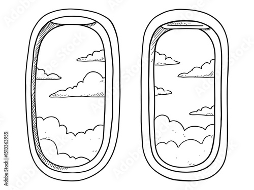 Simple doodle-style illustration of an airplane window with fluffy clouds outside, hand-drawn sketch design perfect for travel-themed art, decor, or stickers