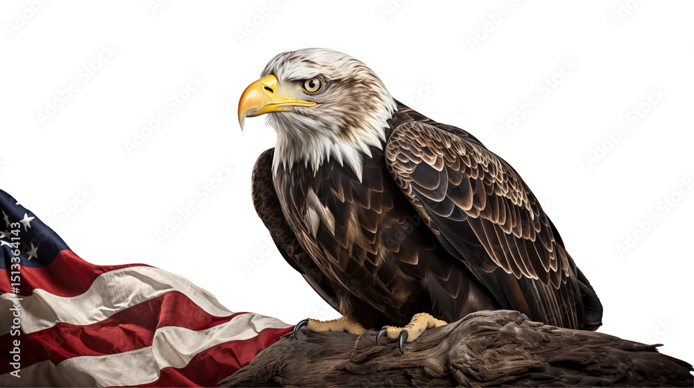 Obraz premium Bald eagle with American flag, patriotism and freedom symbol, proud national emblem, powerful wildlife nature portrait, isolated on transparent background.