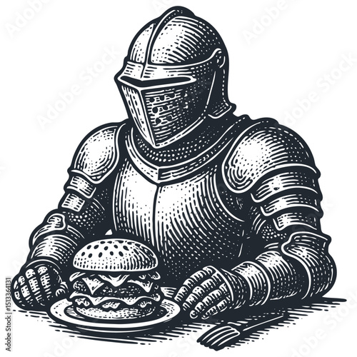 Vintage engraving vector: medieval knight in full armor & helmet ready to eat a big cheeseburger on a plate. Humorous, retro, detailed. Food concept.