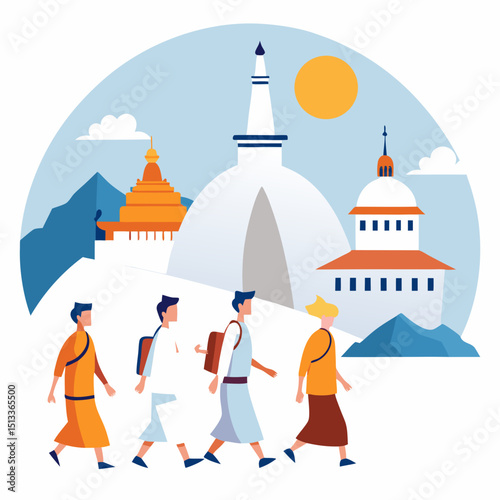 Poson Poya Day Vector Set – Sri Lanka Buddhist Festival Icons, Pilgrimage and Full Moon Ritual Illustrations