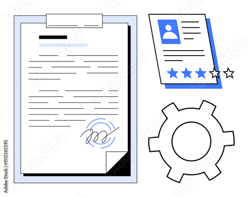 Signed document, profile card with rating stars, and gear element. Ideal for contract management, recruitment, employee performance, workflow, administrative processes and corporate systems. Perfect