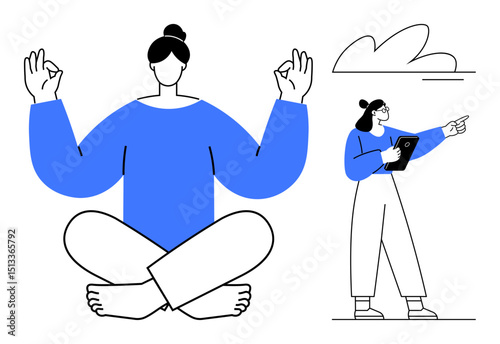 Person meditating cross-legged with calm gestures and another reading from a tablet while pointing. Ideal for wellness, mindfulness, focus, balance, mindfulness practices, productivity, simple