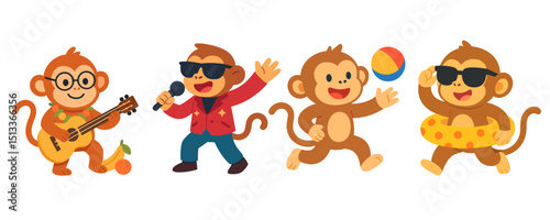 Funny Cartoon Monkeys – Flat Vector Illustration Set for Kids