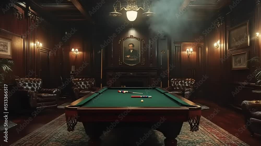 Elegant billiard room with a vintage atmosphere, featuring a pool table and classic decor