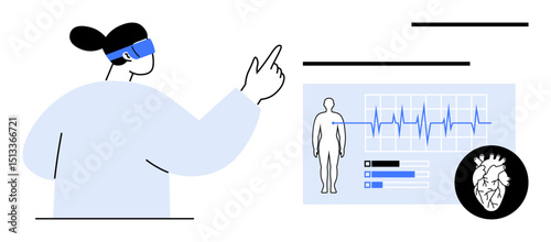 Person wearing AR glasses interacts with medical data display including human anatomy, heart, and ECG readings. Ideal for health tech, innovation, AR, digital tools, diagnostics, virtual