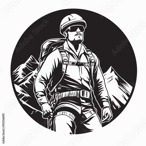 A man is hiking up a mountain with a mountain in the background vector image