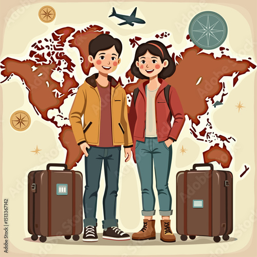 Vintage Travel Adventure: Siblings' Retro Journey with Suitcases, World Map Backdrop, Vintage Compass, Planes, and Travel Stickers. Mid-Century Style, Exploration and Connection.