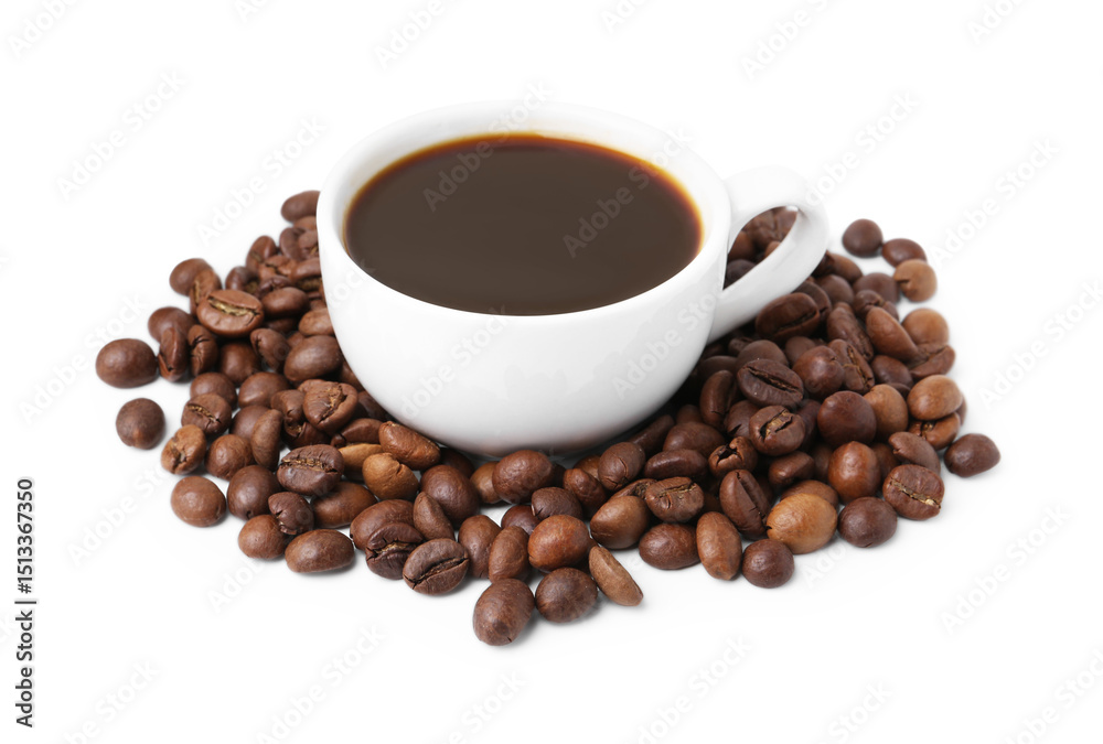 Fototapeta premium Aromatic coffee in cup and pile of beans isolated on white