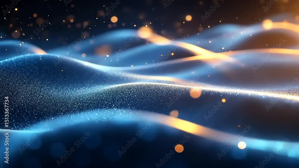 Elegant blue and gold abstract waves with glittering particles background video loop