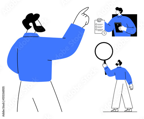 Character pointing forward, holding a magnifying glass, and engaging with a checklist and coffee. Ideal for teamwork, decision-making, research, evaluation, communication, guidance simple landing