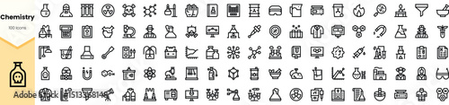 Set of chemistry-themed line icons featuring laboratory equipment, chemical reactions, and scientific symbols on a clean background.