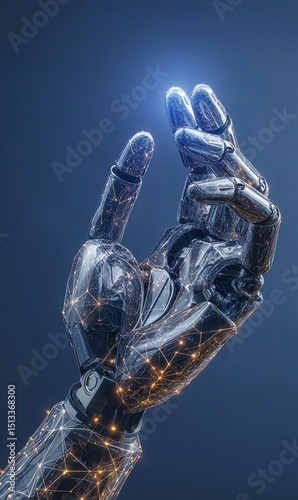Robotic hand reaches out with glowing light against dark background