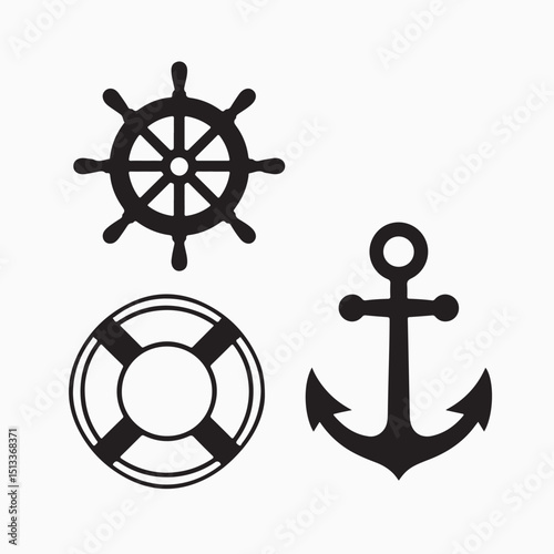 Nautical themed vector illustration featuring ship wheel life preserver and anchor designs in black