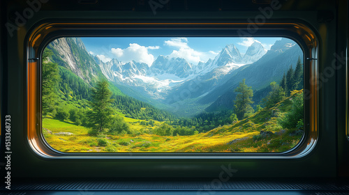 Panoramic view of the Alps with lush green valley, wildflowers, and snow-capped peaks seen through a large train window during a scenic summer journey through the mountains
